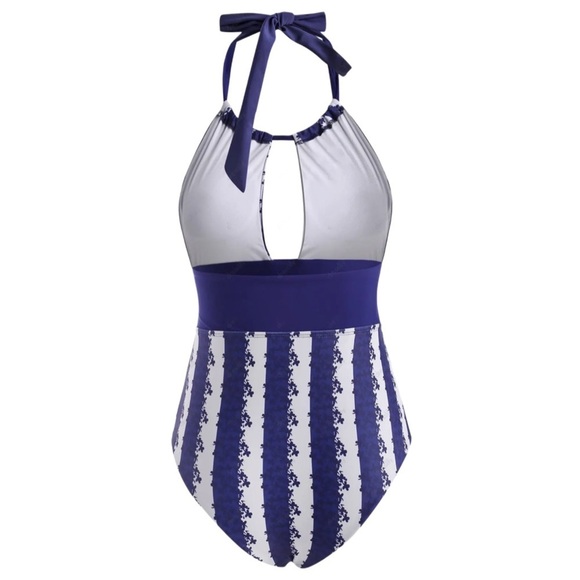 Striped Floral One‑Piece ✦ Halter Cutout Backless Swimsuit ✦ Coastal Resort M - Picture 4 of 11